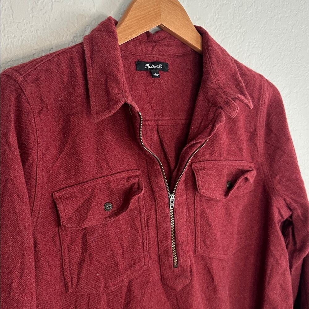 Madewell Flannel Shirt Zip Front Popover Burgundy Pockets Fall Western Cozy - Picture 5 of 8